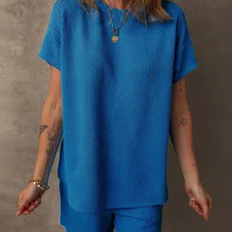 Errabelly Bluing Solid Textured Crew Neck Short Set-picture-20