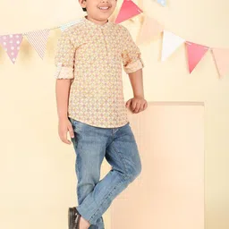 Fabindia Boys Floral Printed Mandarin Collar Straight Cotton Kurta-image-59