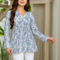 CLANGER Women Blue & White Floral Printed V-Neck Long Sleeves Viscose Rayon Peplum Top-picture-16