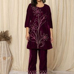 Yufta Floral Embroidered Round Neck Velvet Tunic With Trousers-image-36