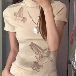 KPOP Women High Neck Short Sleeves Graphic Printed Top-image-82