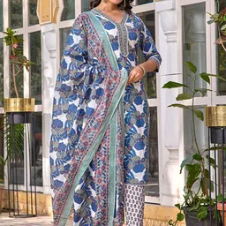 Anouk Ethnic Motifs Printed V-Neck Pure Cotton Kurta With Trousers & Dupatta-13