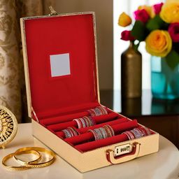 Aura Gold-Toned Printed Wooden 5 Rod Dot Mirror & Number Lock Velvet Jewellery Bangle Box-39