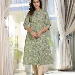 Pahiya Floral Printed Band Collar Pure Cotton A-Line Kurta-10