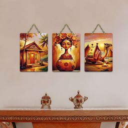 ArtVibes Yellow & Brown 3 Pieces Printed Wooden Wall Hanging Decors-image-79