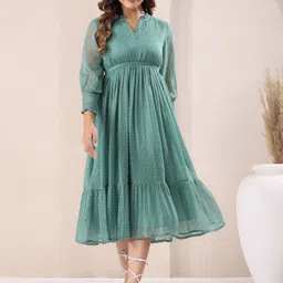 Janasya Women Self Design V- Neck Fit & Flare Midi Ethnic Dress-image-92