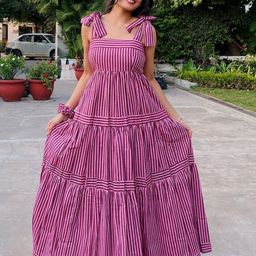 BlueRang Women Striped Shoulder Straps Tie-Ups A-Line Maxi Dress-image-49