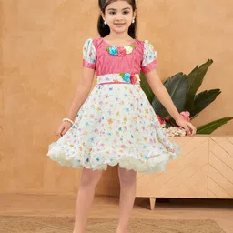 Aarika Girls Floral Printed Puff Sleeves Georgette Fit & Flare Dress-image-12