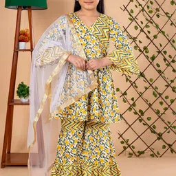 BEBE UNICORN Girls Floral Printed Angrakha Gotta Patti Pure Cotton Kurta with Sharara & With Dupatta-image-69