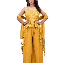 SANCIA Shoulder Straps Embroidered Georgette Ethnic Tunic With Palazzos & Dupatta-picture-5