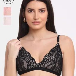 EROTISSCH Black & Pink Set of 3 Floral Bralette Bra-image-11