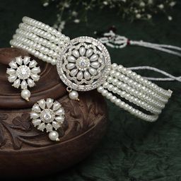 ZENEME Women Silver-Toned White Stone-Studded Pearl-Beaded Jewellery Set-12