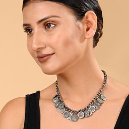 XPNSV Brass Chunky Coins Antique Silver Necklace-image-98