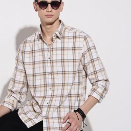 SHOWOFF Men Tartan Checked Cream Regular Fit Casual Shirt-picture-31