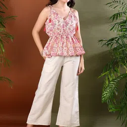 Stylum Floral Printed V-Neck Sleeveless Pure Cotton Top With Trouser-picture-36