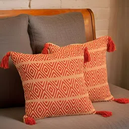 Aura Red & Yellow 2 Pieces Geometric Woven Design Cotton Square Tasselled Cushion Covers-5