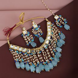 LUCKY JEWELLERY Gold-Plated Blue Ferozi Kundan Studded Jewellery Set-image-55