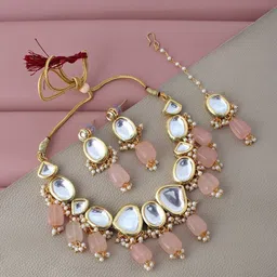 LUCKY JEWELLERY Gold-Plated White & Pink Kundan-Studded & Beaded Jewellery Set-image-33