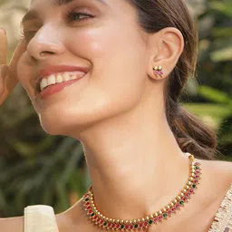 Rubans Women Gold Plated Ruby Stone Studded Necklace Set-60