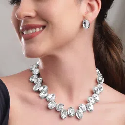 Rubans Silver-Plated White Crystal Studded Jewellery Set-11