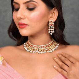 DASTOOR Gold-Plated Red Stone & Beaded Jewellery Set-50