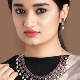 Rubans Oxidised Silver Plated Faux Ruby Floral Necklace Set-8