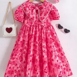 TIOR Kids-Girls Pink Printed Polyester Fit and Flare Dresses-picture-1
