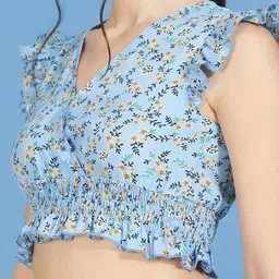 Kotty Floral Print Flutter Sleeve Crepe Wrap Crop Top image 2
