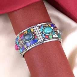 PANASH Silver-Plated Oxidised Multicolor Stone Studded Kada Bracelet-image-40
