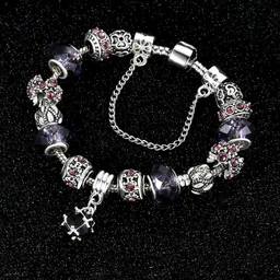 Yellow Chimes Women Silver Toned Purple Crystal Studded Charm Hanging Bracelet-39