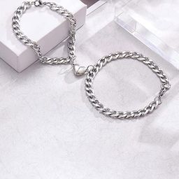 MEENAZ Unisex Set of 2 Silver-Plated Couple Magnet Link Bracelets-16