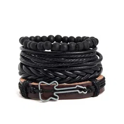 SOHI Men Set Of 4 Black Leather Wraparound Bracelets-image-53