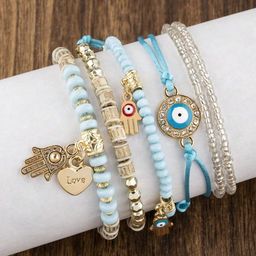 DressBerry Gold-Toned Set Of 6 Multi layer Lucky Evil Eye Elasticated Bracelet image 2
