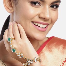 I Jewels Green Gold-Plated Kundan Studded Handcrafted Ring Bracelet-14