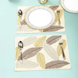 YWULY Cream & Brown 2 Pieces Floral Beaded Table Placemats-52