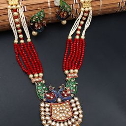 Ozanoo Gold-Plated Stone Studded & Beaded Meenakari Jewellery Set-image-17