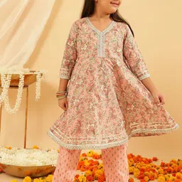 BANDIA Girls Floral Printed Regular Pure Cotton Anarkali Kurta with Trousers & Dupatta-image-9