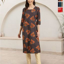 HERE&NOW Selection Of 3 Floral Printed Round Neck Straight Kurta-image-58