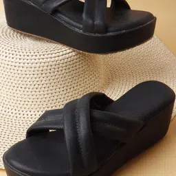HERE&NOW Women Black Solid Wedge Open Back Heels-picture-36
