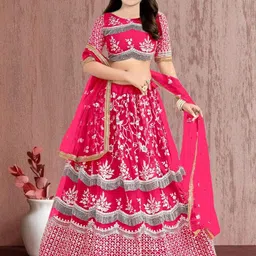F Plus Fashion Girls Embroidered Semi-Stitched Lehenga & Unstitched Blouse Net-picture-13