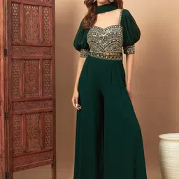 Chhabra 555 Mirror Embroidered Tasseled Crop Top & Palazzo with Stole Co-ords-image-21