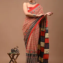 Crafts Moda Floral Pure Cotton Block Print Saree-image-36