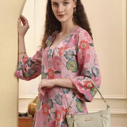 Yufta Women Floral Printed Regular Pure Cotton Kurta with Trousers-image-94