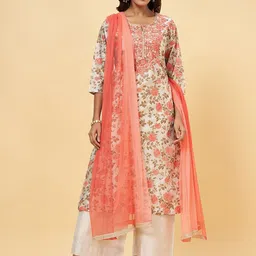 RANGMANCH BY PANTALOONS Floral Thread Work Pure Cotton Straight Kurta & Trouser & Dupatta-picture-41