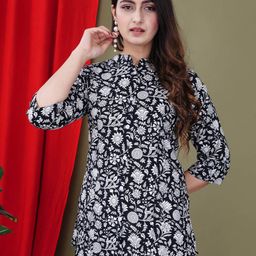 FebQ Women Ethnic Motifs Print Monochrome Mandarin Collar Roll-Up Sleeves Shirt Style Top-image-39