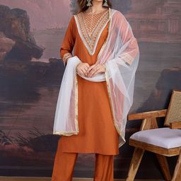 House of Pataudi Women Ethnic Motifs Embroidered Kurta with Trouser & Dupatta-picture-48