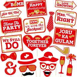 22 pcs Wedding Anniversary Photo Booth Party Props DIY Kit, Red & White, Photo Booth Board-image-79