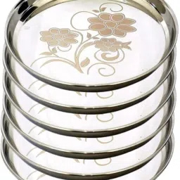 Pack of 6 Stainless Steel Stainless Steel Dinner Plate | Thali | Khumcha Plate with Laser Flower Design Dinner Set-image-72