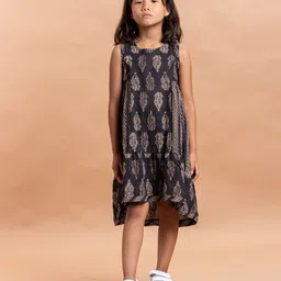 Sangria Girls Black & Beige Ethnic Motifs Printed Pure Cotton A-line Dress-image-89