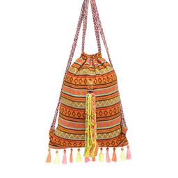 The House of Tara Women Beige & Yellow Tasselled Backpack-89